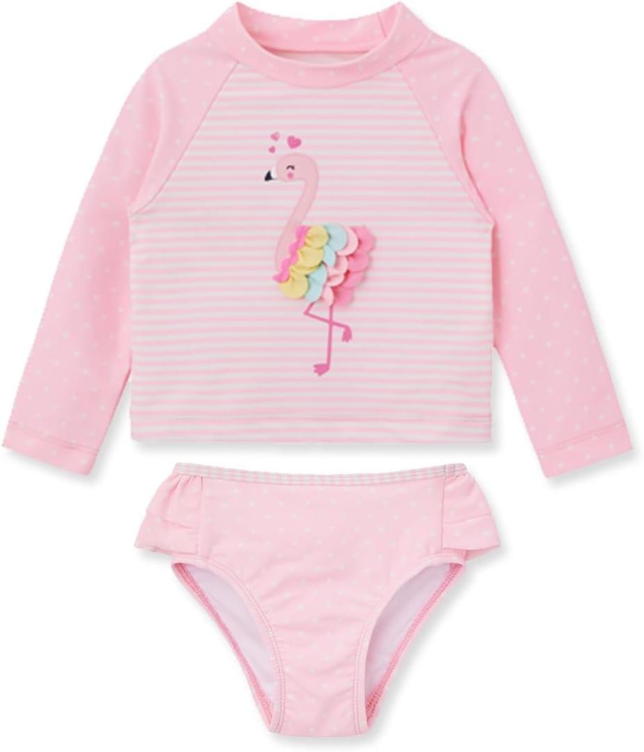 Little Me Baby Girls' Little Girls' Two-piece UPF+ 50 Sun Protection Rash Guard Set (12 Months, Pink Flamingo)
