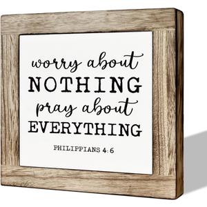 Inspirational Wooden Plaque, Bible Verse Artwork Wooden Box Sign, Relief Wood Sign for Home Bedroom Decor, Christian Gift for Women Men, Worry About Nothing Pray about Everything Sign