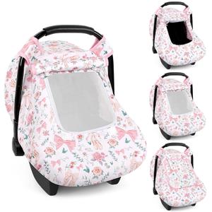 Baby Car Seat Cover Winter, Windproof Carseat Covers for Newborn with 2 Layers Window, Pink Flowers Infant Car Seat Canopy for Girls with Minky Dot Backing, Keeps Babies Warm and Cozy (Single zipper)