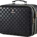 Makeup Bag with LED Lighted Mirror 12.2 IN Cosmetic Train Case Double Layer Makeup Case Adjustable Brightness in 3 Colors Cosmetic Organizer Artist Storage with Brush Holder Vanity Black Checkerboard