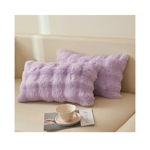 2 Pack Faux Rabbit Fur Lumbar Decorative Throw Pillow Covers 20x25, Plush Shaggy Bubble Cushion Accent Pillow Shams, Light Purple Furry Fuzzy Pillowcases for Couch Office Home Decor, Lavender