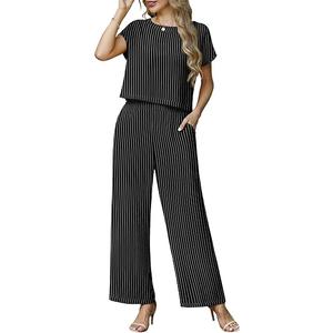 Lepunuo 2 Piece Sets for Women Summer Cap Sleeve Crop Top Wide Leg Pants Matching Lounge Set Vacation Beach Travel Outfits (Striped Black, Large)