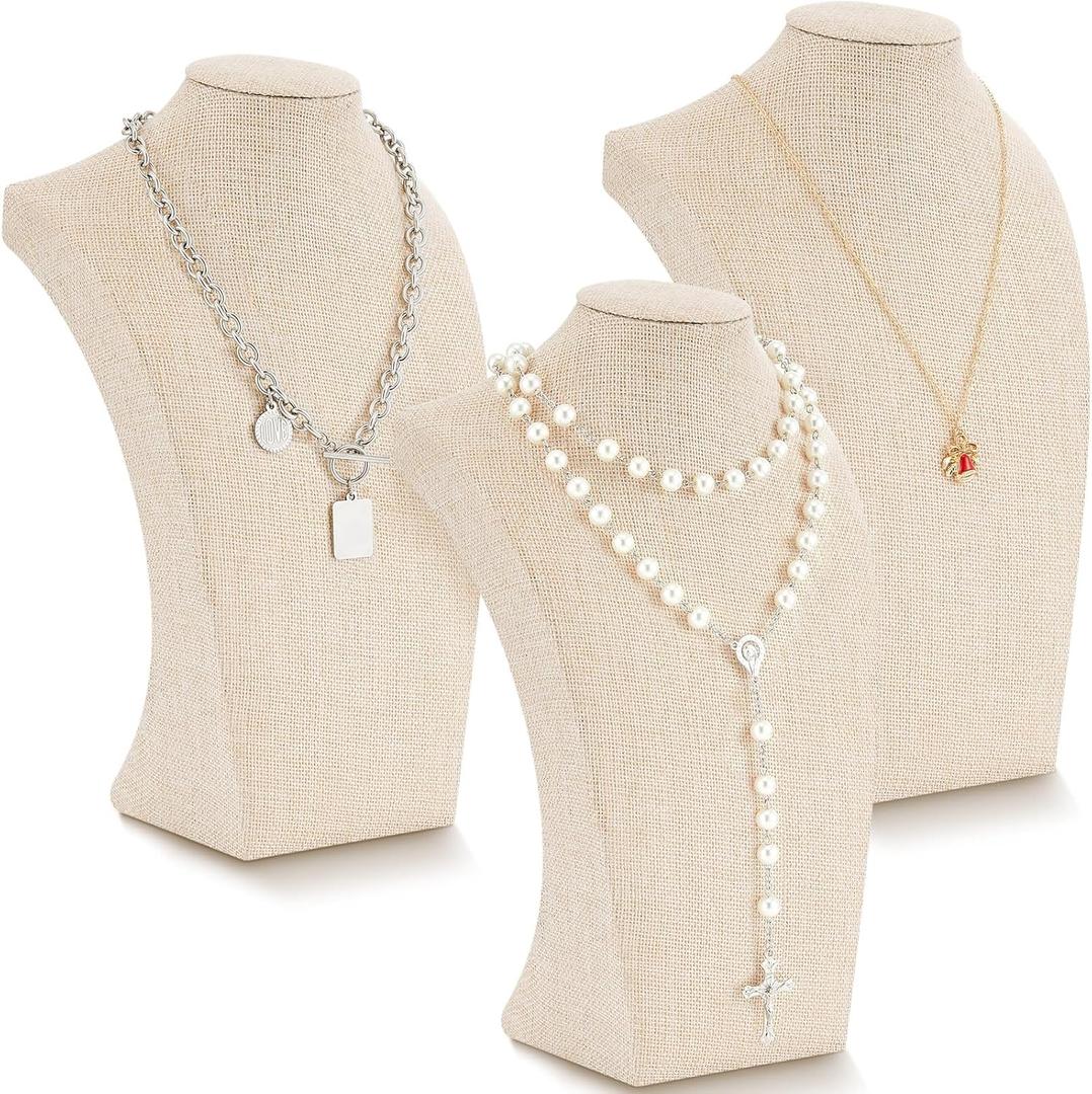 Kigley 3 Pcs Linen Jewelry Display Bust Necklace Display Stand Necklace Mannequin Holder for Jewelry Selling Trade Shows (11.42 x 6.89 Inch, Beige)