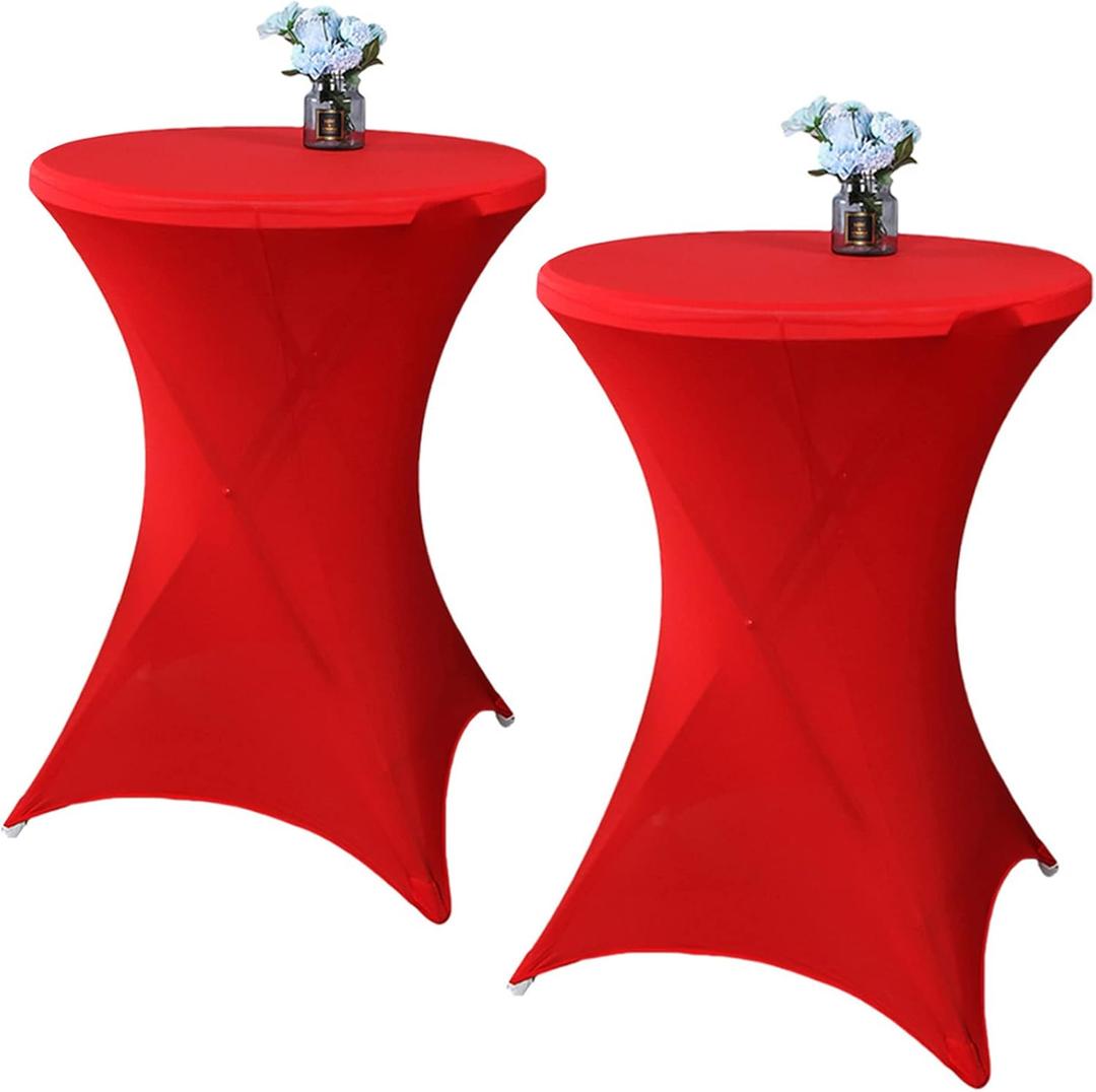 2 Pack 32x43 Inch Red Cocktail Tablecloth Spandex Round Fitted Table Cover for Wedding Banquet Event Party, Red