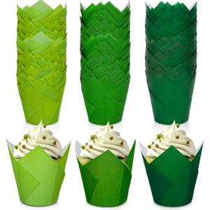 Whaline 180Pcs Green Tulip Cupcake Liners Gradient Green Tulip Muffin Baking Cups Greaseproof Cupcake Wrappers for Spring Wedding Irish Holiday Bridal Baby Shower Party Supplies