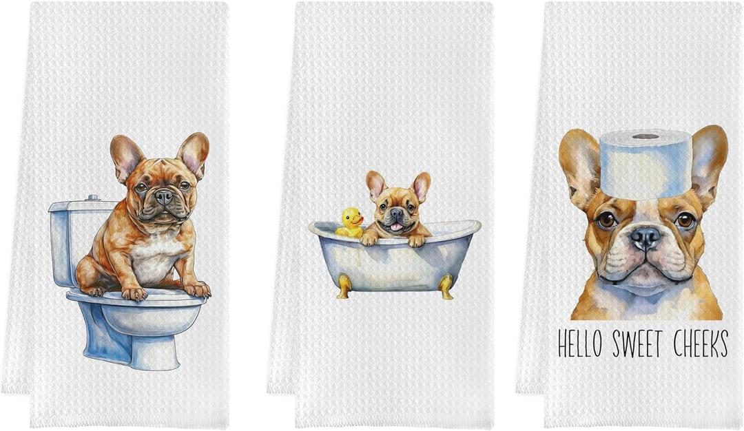 IWXYI Funny French Bulldog Kitchen Towel Set of 3, Dog Lover Gifts, Corgi 16 X 24 Inches