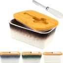 Butter Dish with Lid, 6.5" Large Butter Container for Countertop, Ceramic Brown Butter Keeper Container with Knife, Bamboo Cover and High-Quality Silicone Sealing for Home Decor Kitchen