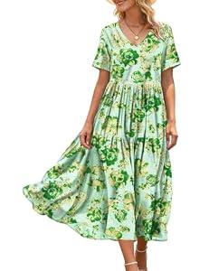 YESNO Women's Summer Maxi Dresses Casual Floral Short Sleeve V Neck Boho Beach Vacation Swing Dress with Pockets XL