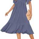 AUSELILY Women's Summer Empire Waist Dress Smocked Flutter Short Sleeve V Neck Midi Dresses 2025 Purple Grey XL