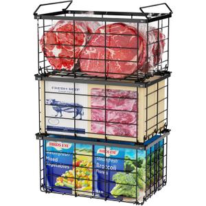 iSPECLE Freezer Organizer Bins - for 5 to 7 Cu.Ft Chest Freezer, 3 Pack Easy Access Stackable Deep Freezer Organizer Bins with Handles, Heavy Duty for Meat and Frozen Food, Assembly Required, Black