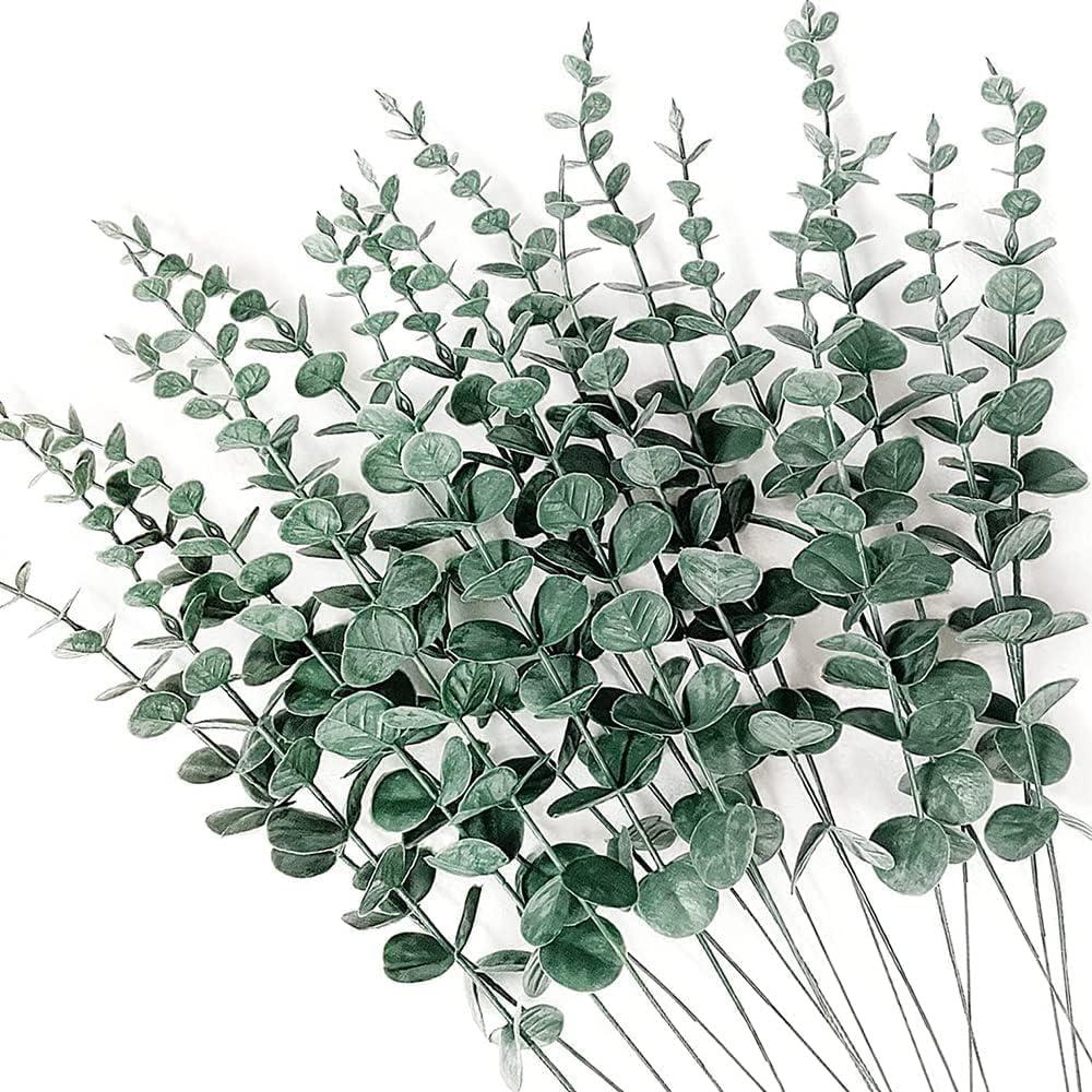 60pcs Eucalyptus Stems Artificial Eucalyptus Leaves Fake Greenery Branches Stems Faux Eucalyptuses Wedding Bouquet (60, Green)