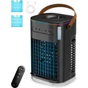 3-IN-1 Portable Air Conditioners, Personal Air Cooler w/2Ice Packs & 1.2L Water Tank, 1-7h Timer & Remote, Powered by USB, Mini Air Conditioner for Car Desktop,Black No Battery