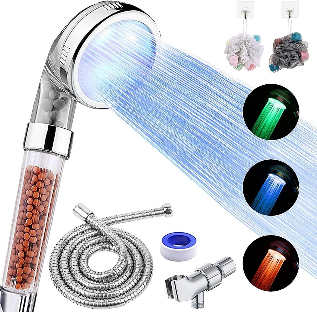 LED Shower Head with Handheld, High Pressure Shower Head with Hose, Holder & PTFE Tape etc, 3 Water Temperature-Controlled Water Saving Filtered Shower Head for Dry Hair& Skin (A-LED shower head)