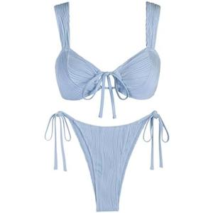 ZAFUL Women's Cinched Bikini Solid Color Wave Textured Knotted Tied Side Two Piece Swimsuit Bathing Suits ,M