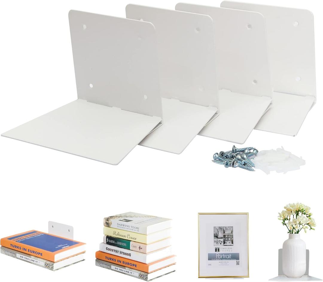 STORAGE MANIAC Floating Book Shelves for Wall Mounted Invisible Floating Bookshelves Heavy-Duty Steel Hidden Bookshelf Hanging Bookshelves for Bedroom Living Room Office, White 4-Pack Large