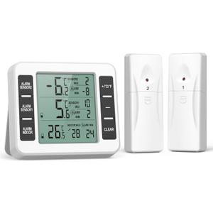 ORIA Refrigerator Thermometer, Wireless Digital Freezer Thermometer with 2 Sensors, Indoor Outdoor Thermometer, Audible Alarm, Min and Max Display, LCD Display for Home, Restaurants (White)