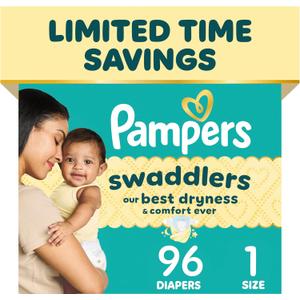 Pampers Swaddlers Diapers, Size 1 (8-14 lbs), 96 Count, Absorbent, Keeps Baby Dry and Comfortable, Skin Safe Disposable Baby Diaper