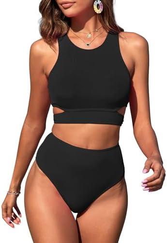 ZAFUL Women's Swimsuit High Waisted Bikini Sets Two Piece Swimsuit Scoop Neck Tank Side Cutout Midkini, L