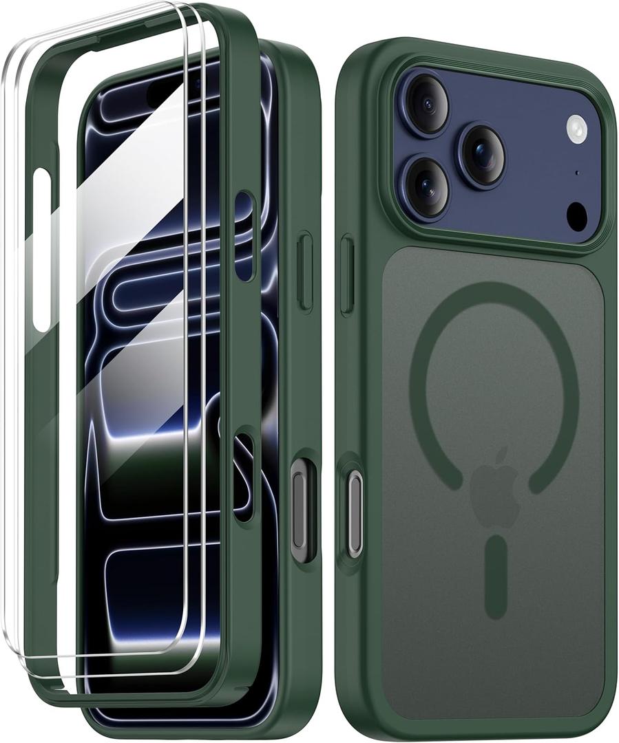COOLQO Magnetic for iPhone 17 Pro Case [Screen Protector + Camera Protection] Compatible with MagSafe Translucent Matte Dual-Layer Military Grade 17 FT Drop Test Protective Phone Cover Green (17Pro_6.3")