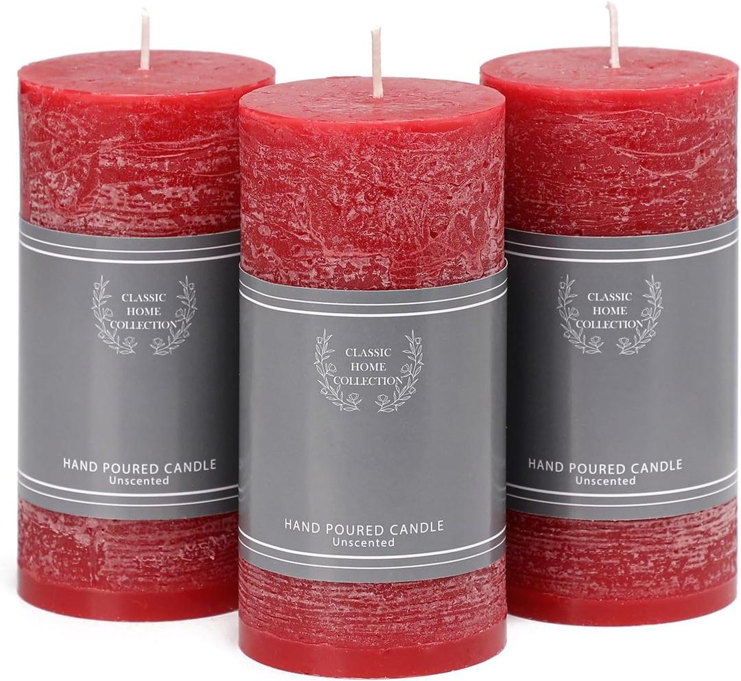 3x6 Inch Red Pillar Candles Set of 3, Christmas Candles Unscented Red Pillar Candles, Dripless Candles Long Burn Time for Wedding, Christmas Decor and Home Decor, Xmas Dinner Table Decor