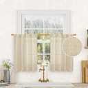 LAMIT Small Cafe Linen Curtains 36 Inches Long, Semi Sheer Light Filtering Panels Back Tab and Rod Pocket Small Cafe Drapes for Basement/Window/Loft Room, Linen, 2 Panels, 34 x 36 Inch