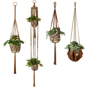 ANROYE Macrame Plant Hanger for Indoor Set of 4, Bohemian Hanging Planter with Tassels for Flower Pot, Boho Decorative Houseplant Rope Holder for Home Decor Bedroom Window Farmhouse (Dark Brown)
