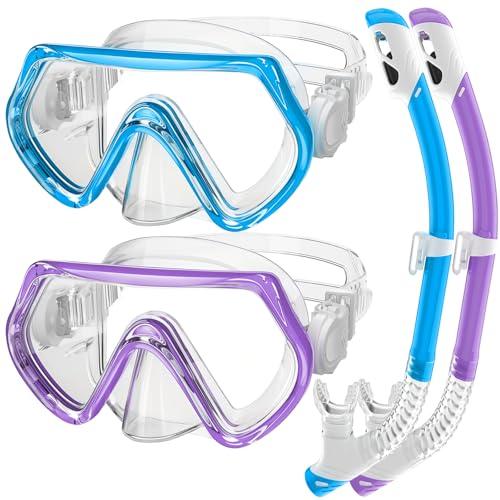 Kids Snorkel Set, Unisex Kids Swimming Goggles, Anti-Fog Diving Mask and Dry Top Snorkel Combo Set for Kids 3-14 (Blue+Purple)