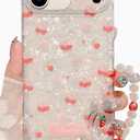 JANDM Compatible with iPhone 17 Pro Max Cherry Case with Strap,Cute Cherries Aesthetic Glossy Soft Slim Shockproof with Crystal Pearl Charm Keychain Women Girls Phone Cover