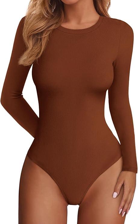 Bodysuits for Women 2026  Long Sleeve Shirts Fitted Basic Ribbed Layering Tops Fall Fashion Winter Clothes, Small