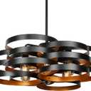 6-Light Modern Farmhouse Chandeliers for Dining Room, Rustic Multiple Rings Pendant Lighting, Industrial Metal Round Chandelier for Kitchen Entryway, Black with Gold Interior