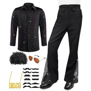 Mens 70s Disco Outfit Costume Bell Bottom Pants Shirts Wigs Necklace Mustache Sunglasses (XX-Large, Black)