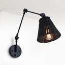 Rattan Wall Sconce, Boho Dimmable On Off Switch Wall Light Fixtures with Hand Woven Wicker Lamp Shade, Black Adjustable Swing Arm Wall Mount Lighting Fixture for Bedroom Bedside Living Room Bathroom (Gold)