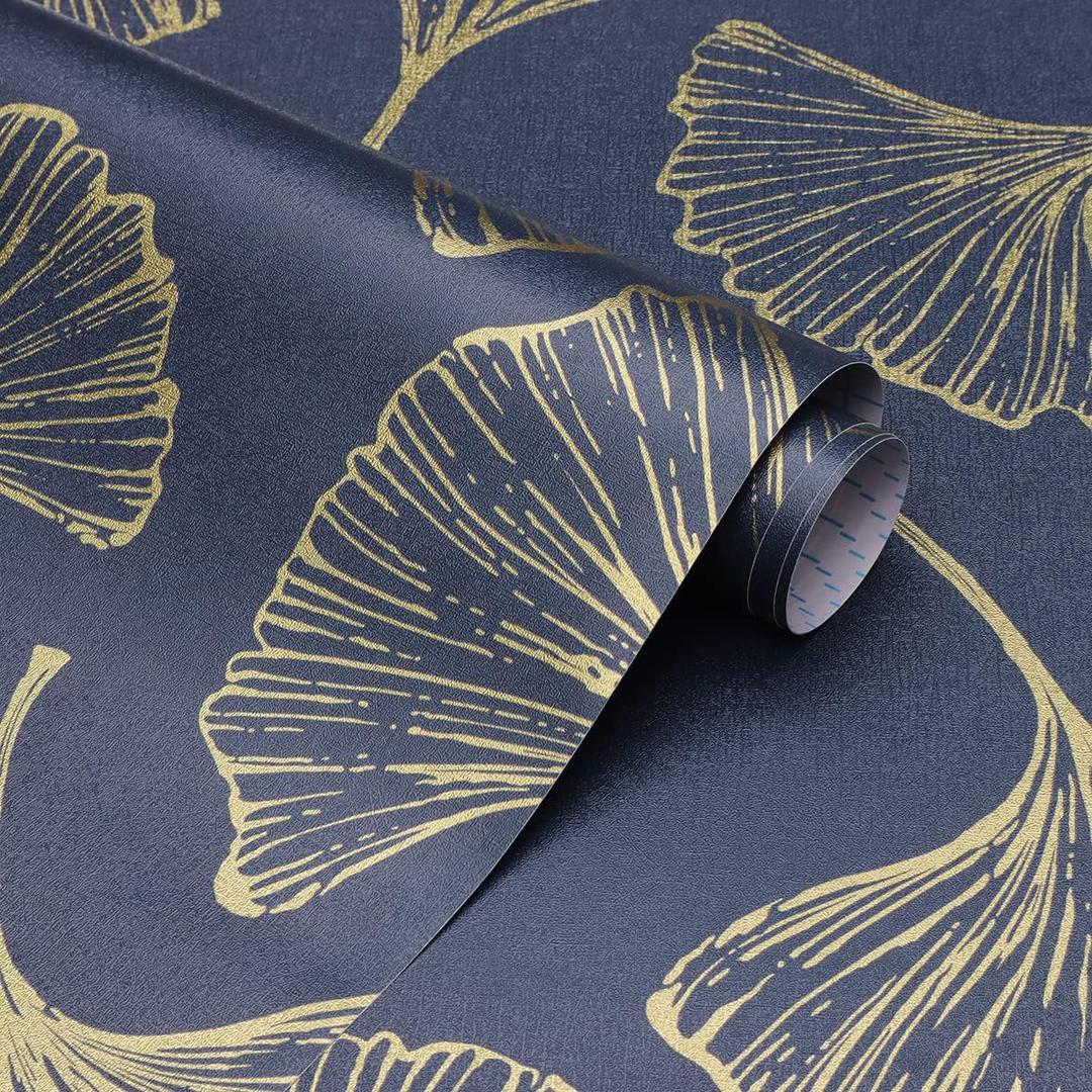 CiCiwind Blue and Gold Peel and Stick Wallpaper Ginkgo Leaves Contact Paper Removable Self Adhesive Wall Paper for Bathroom Bedroom Cabinets Shelf Drawer Home Remonation 17.3"78.7"