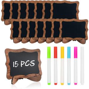 Temlum 15 Pcs Mini Chalkboard Sign with 6 Color Chalk Markers, 2.9 x 3.9 Wooden Blackboard Reusable Small Chalkboards for Food, Buffet, Parties, Message Boards, Table Numbers (Wavy Shaped)