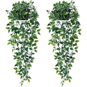 Waipfaru 2Pcs Fake Hanging Plants with Pot Deep Green Eucalyptus Leaves UV Resistant Fake Vines Ivy Artificial Plants Outdoor Faux Plants Indoor Bedroom Living Room Boho Wall Porch Shelf Decor