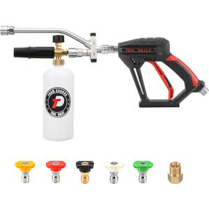 Tool Daily Short Pressure Washer Gun with Foam Cannon, Dual Connector Accessory, 1/4 Inch Quick Connect, 5 Spray Nozzle Tips, 1 Liter