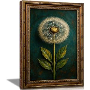 Vintage Gold Framed Dandelion Canvas Wall Art, Teal Background Botanical Oil Painting Print, Retro Moody Botanical Picture Poster Country Farmhouse Wall Decorfor Home Living Room Bedroom12x16in