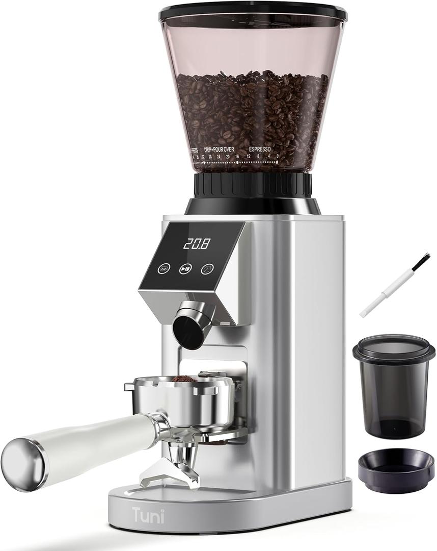 Tuni G1 Conical Burr Coffee Grinder, 48 Grind Settings Anti-static Burr Mill, Precision Electronic Timer and LED Touchscreen for Espresso/Drip/Cold Brew/French Press, Stainless Steel, Silver