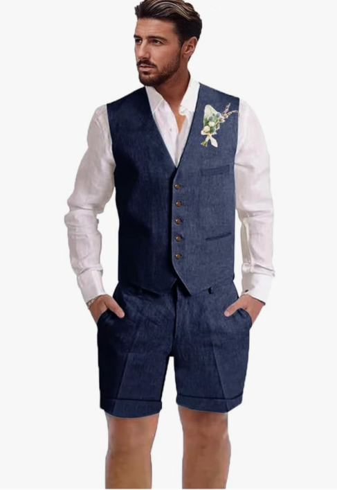 Mens Linen Suit 2 Piece Short Suits for Men Casual Summer Beach Wedding Suit Linen Vest Shorts Set, XL