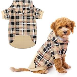 EXPAWLORER Plaid Dog Hoodie - British Style Warm Dog Sweater Shirt with Leash Hole,Pitbull Clothes Outfits,Winter Coat Apparel for All Breeds Puppy Girl Boy-Cat Apparel,Beige X-Small