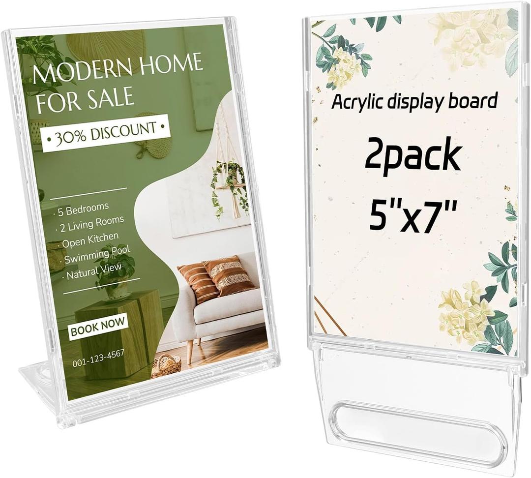2 Pack 5x7 Inch Sign Holder Vertical, Double-Sided Usage with Swivel Base for Table Display, for Office, Store, Restaurant, Retail Counters, for Menu, Message Board, Note