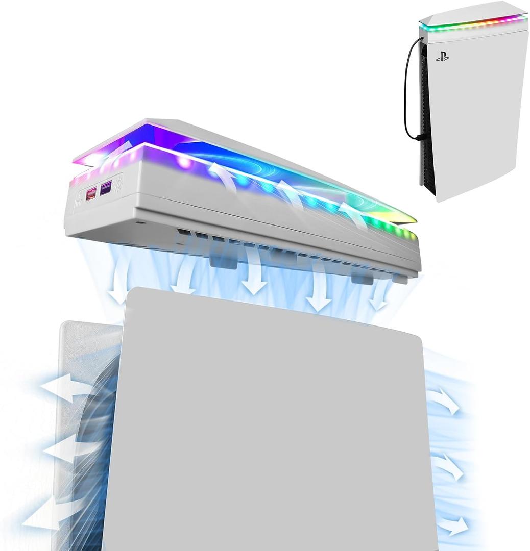 Raryars Console Cooling Fan with Dust Cover Colorful LED Light for PS5 Console Disc Edition & Digital Edition Silent Absorb Fan Cooler with 2 USB Port PlayStation 5 Cooling System