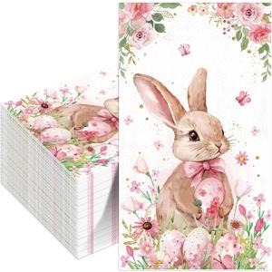 Easter Paper Napkins 100Pcs Pink Bunny Floral Napkins Spring Easter Egg Rabbit Flower Cocktail Napkins for Home Family Dinner Guest Hand Towels Bathroom Kitchen Spring Holiday Party Supplies (Pink)