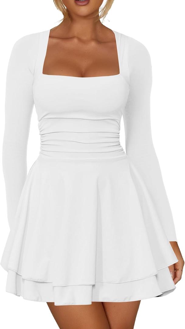 Kaximil Women's Square Neck Ruffle Hem Mini Dress Ruched Waist Long Sleeve Corset Short Party Dresses (Small, White)