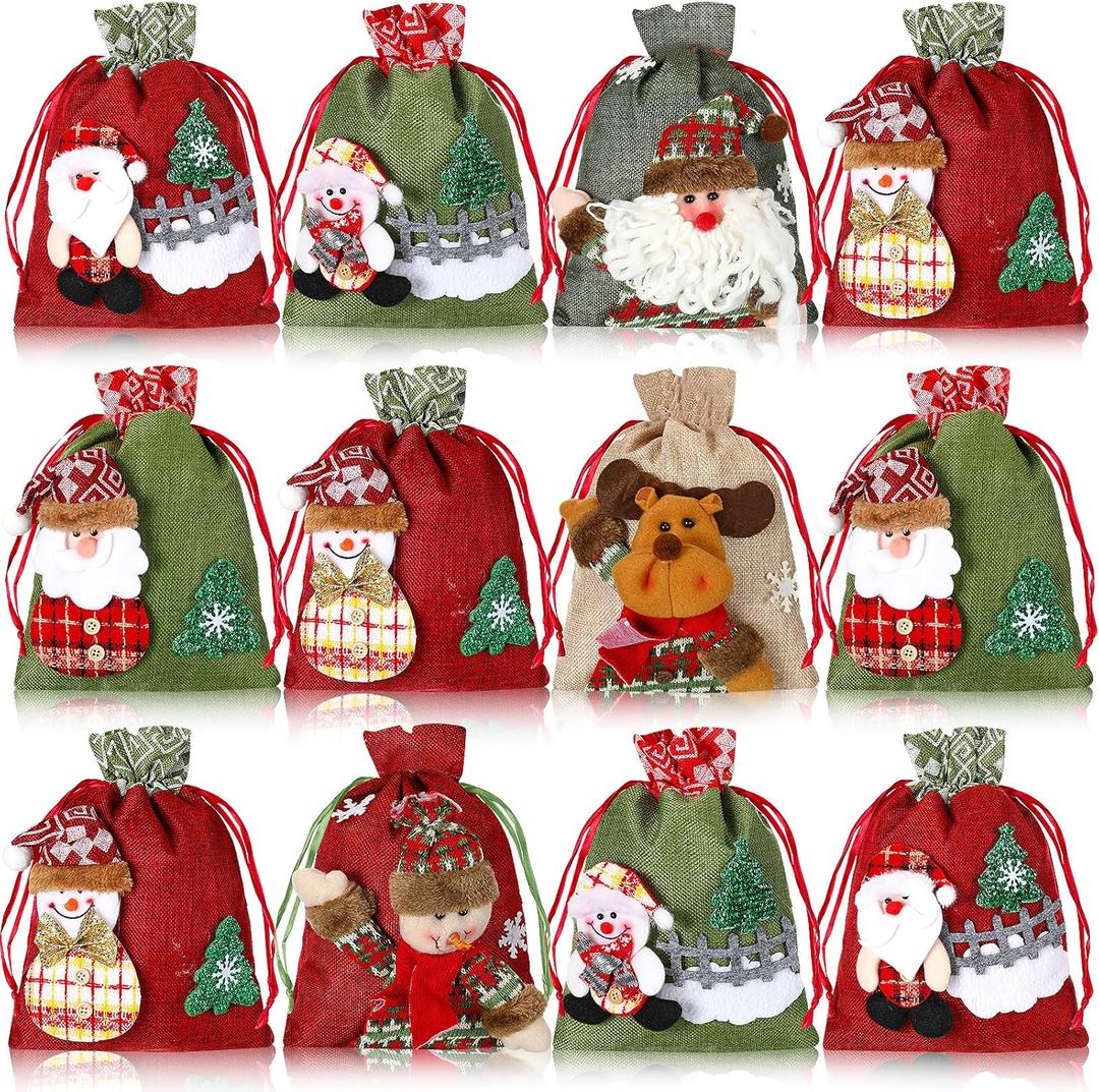 Abbylike 12 Pcs Christmas Gift Doll Bags, Drawstring Christmas Bags Bulk 3D Santa Claus Snowman Elk Reusable Xmas Burlap Sacks for Holiday Presents Wrapping, 8 x 11 In, 8.5 x 12 in