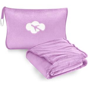 Travel Blanket and Pillow Compact, Premium Soft 2 in 1 Airplane Blanket with Soft Bag PillowcaseHand Luggage Sleeve and Backpack Clip (Solid Purple)