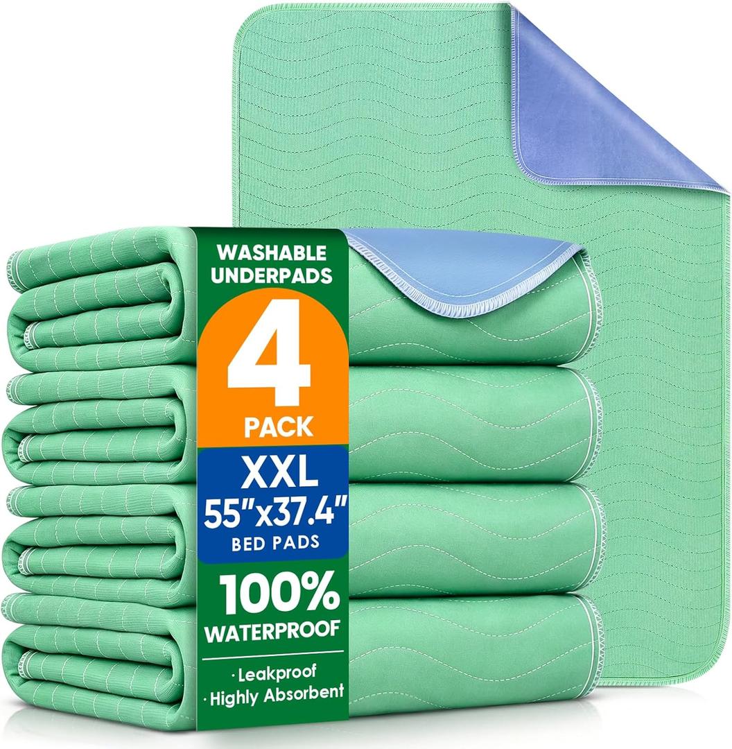 4 Pack 55" x 37" Reusable Heavy Absorbency Washable Underpads, Waterproof Mattress Protector Incontinence Bed Pads, Washable Pee Pads for Adults, Kids, Elderly, Dogs and Pets