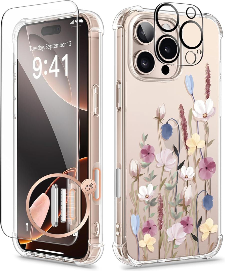 GVIEWIN for iPhone 16 Pro Case, with Screen Protector & Camera Lens Protector, Floral Shockproof Protective Bumper Slim Clear Phone Cover for Women 2024 6.3'', Bouquet/Colorful
