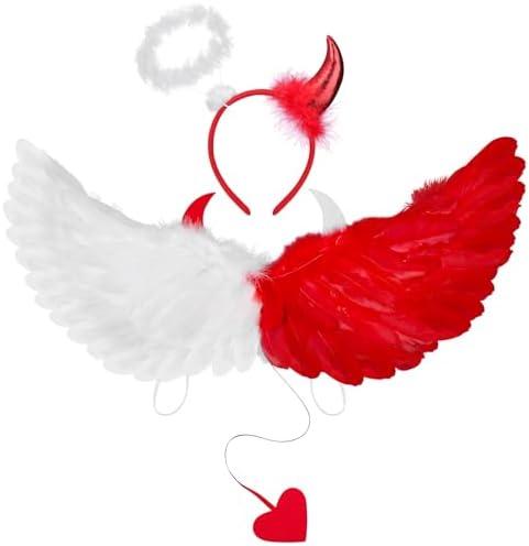 Liliful Angel Devil Wings with Headband Cute Angel Devil Dual Costume for Adults Halloween Costumes with Elastic Straps(Red, White)