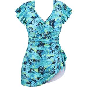 Plus Size Swim Suits for Women One Piece Bathing Suit Modest Swim Dress Tummy Control V Neck Ruffle Swimwear (16W, Deep Green Floral)